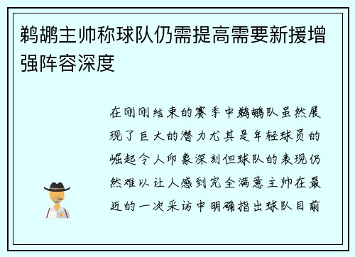 鹈鹕主帅称球队仍需提高需要新援增强阵容深度