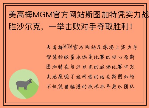 美高梅MGM官方网站斯图加特凭实力战胜沙尔克，一举击败对手夺取胜利！